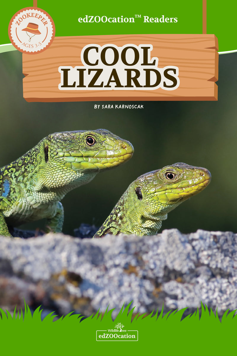 Cover of the 'edZOOcation™ Readers Book - Cool Lizards' featuring two green lizards on a rock.