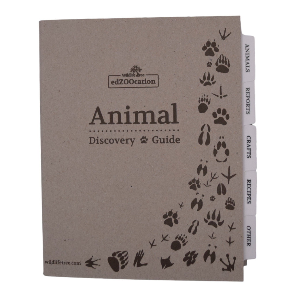 A brown binder with animal footprints design and labeled tabs such as 'Animals,' 'Reports,' 'Crafts,' 'Recipes,' and 'Other'. The title 'Animal Discovery Guide' is printed on the cover.