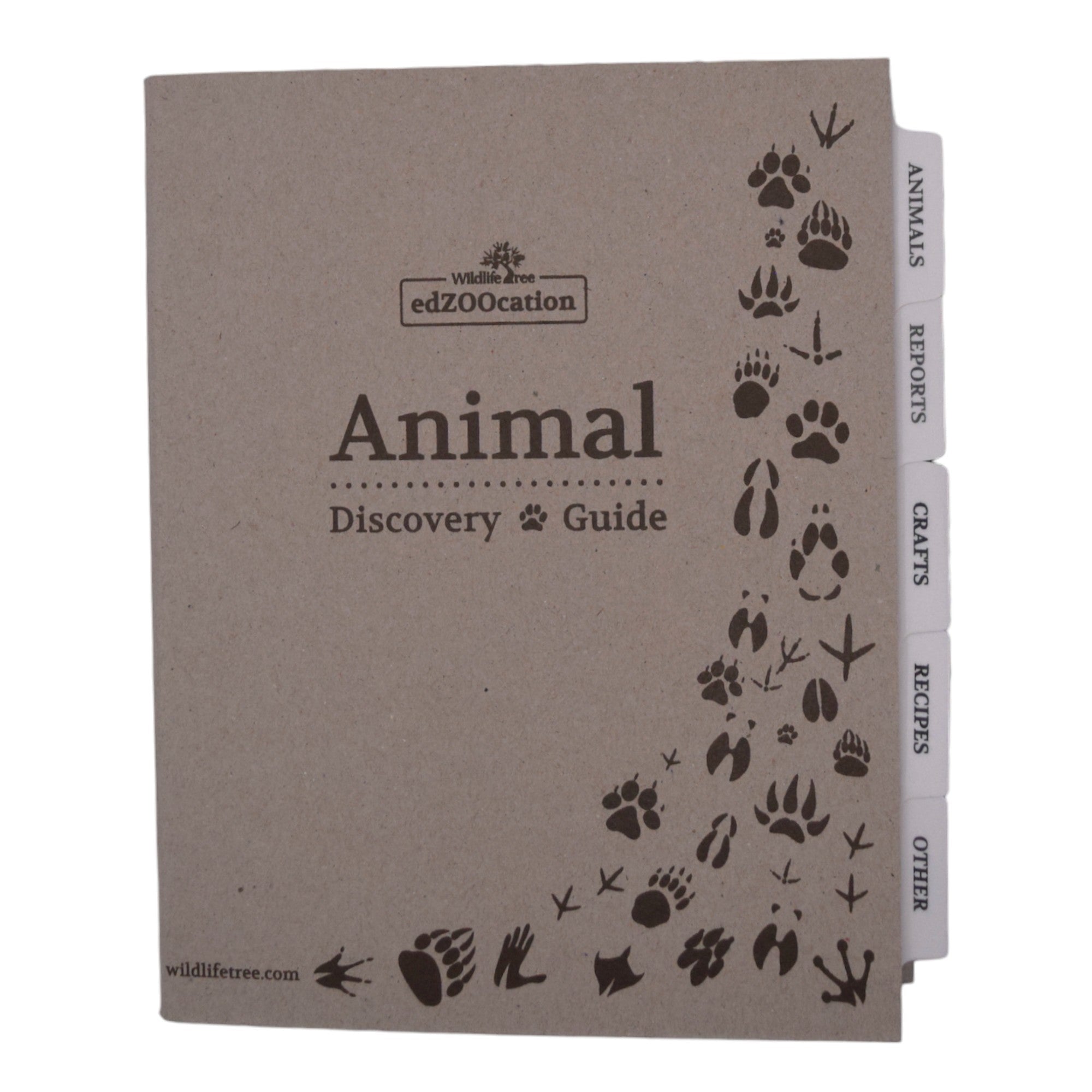 A brown binder with animal footprints design and labeled tabs such as 'Animals,' 'Reports,' 'Crafts,' 'Recipes,' and 'Other'. The title 'Animal Discovery Guide' is printed on the cover.