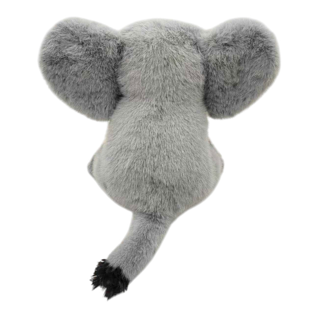 Gray plush toy elephant on a white background