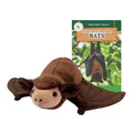 Plush bat toy with a book titled 'All You Need to Know About Bats' on a white background