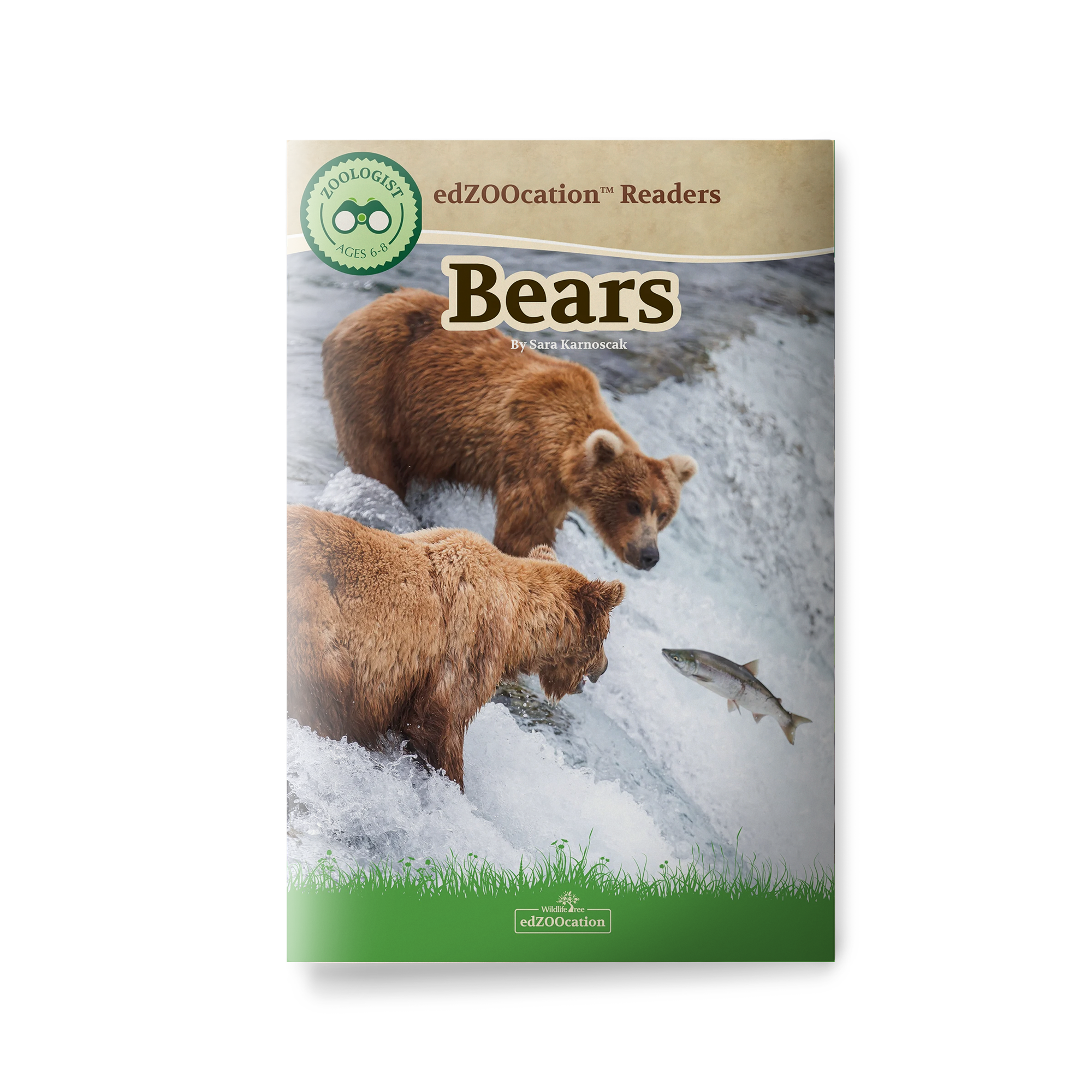 Book cover of 'Bears' by edZOOcation with two bears and a fish at a waterfall.