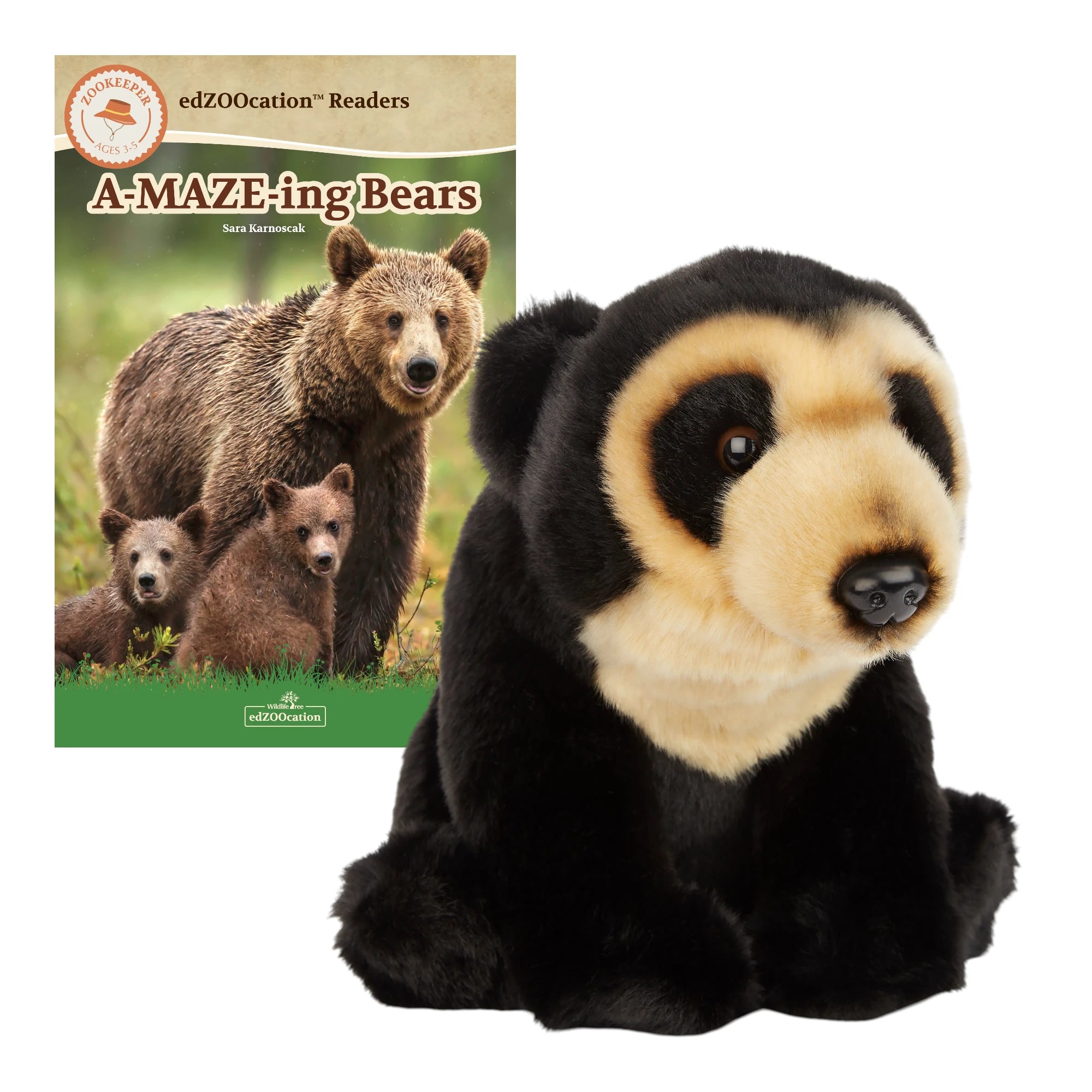 Plush bear toy next to a book titled 'A-MAZE-ing Bears' on a white background