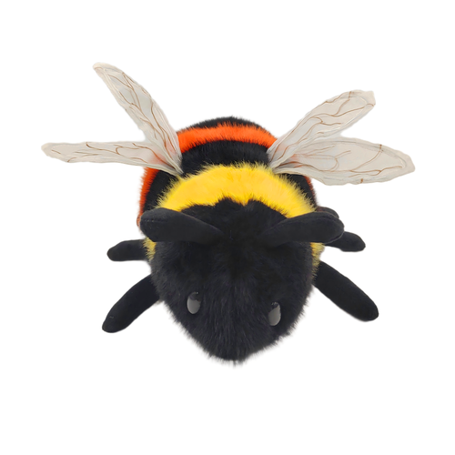 Plush bee toy with black, yellow, and orange colors on a white background
