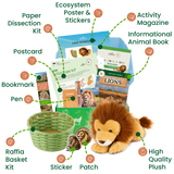 edZOOcation Conservationist Box for ages 9-12 with lion plush, animal dissection kit, ecosystem poster, and wildlife research activities