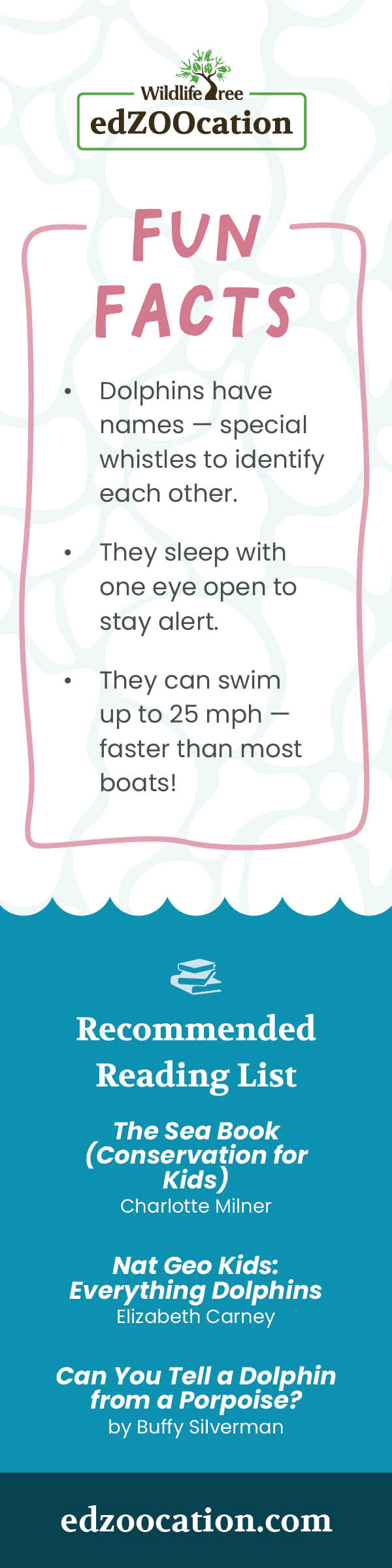 Fun facts about dolphins with a recommended reading list on a blue and white background.