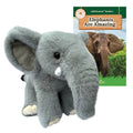 Plush elephant toy with a book titled 'Elephants Are Amazing' on a white background