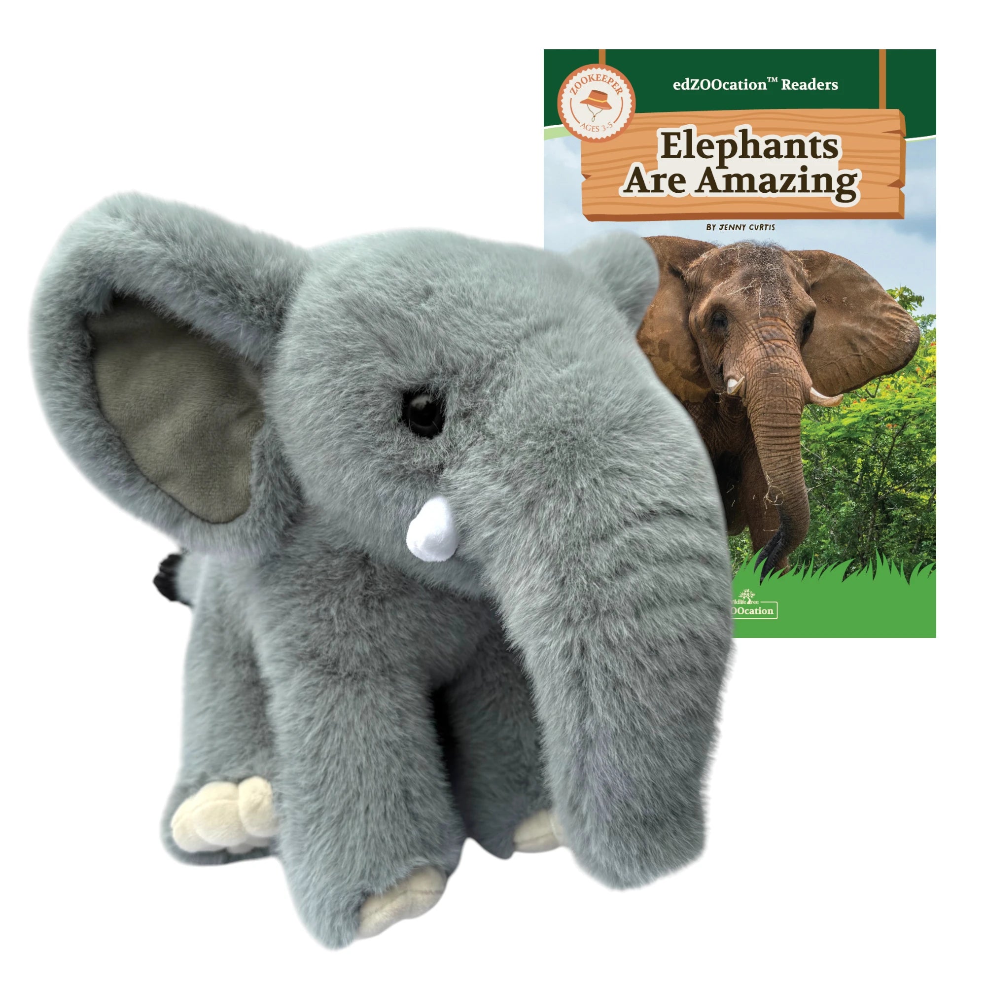 Plush elephant toy with a book titled 'Elephants Are Amazing' on a white background