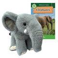 Plush elephant toy with educational book about elephants on a white background