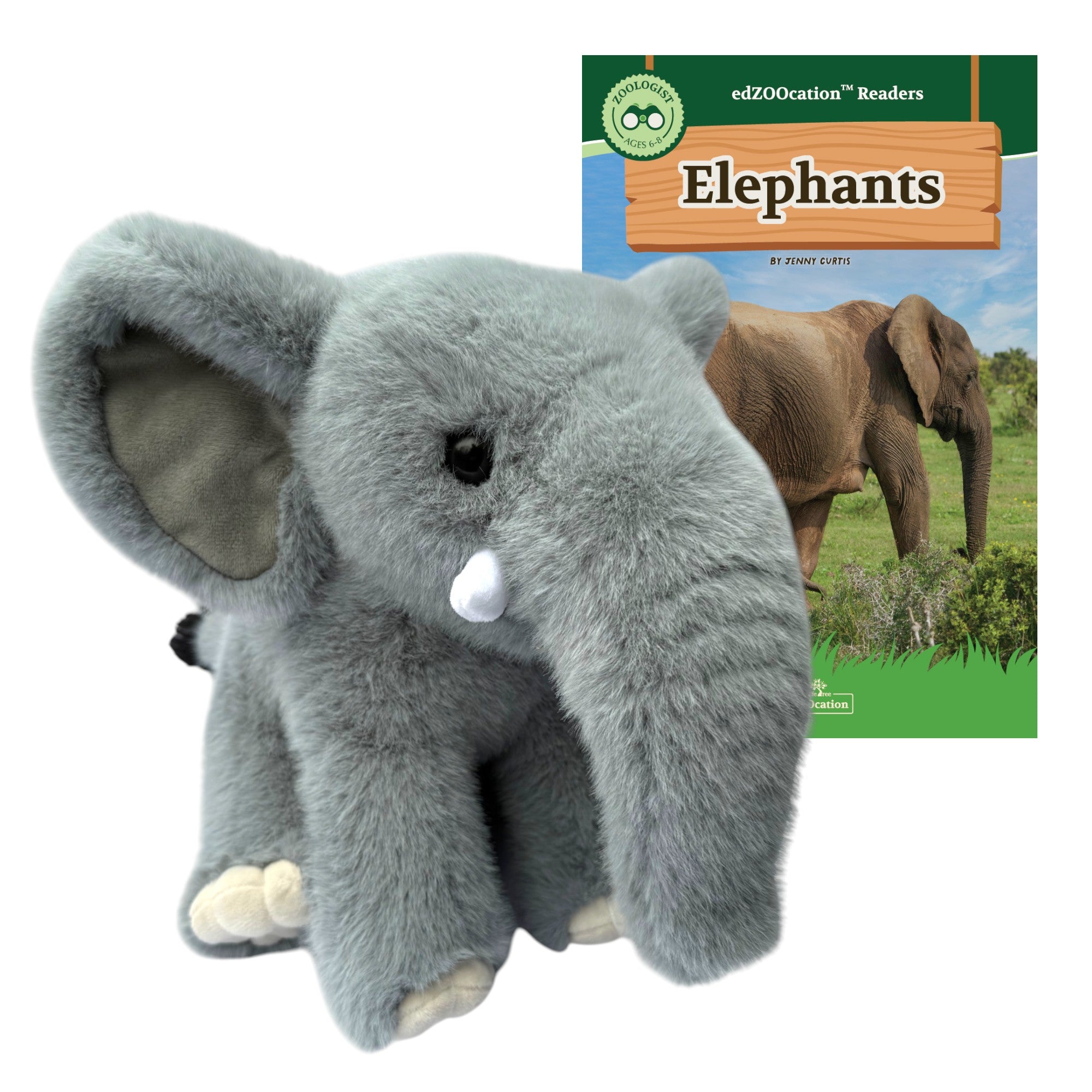 Plush elephant toy with educational book about elephants on a white background