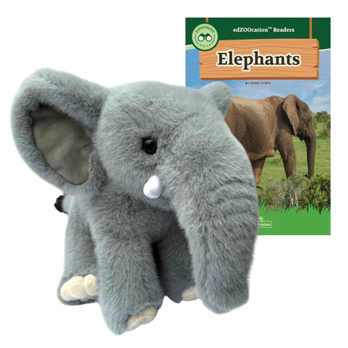 Plush elephant toy with educational book about elephants on a white background
