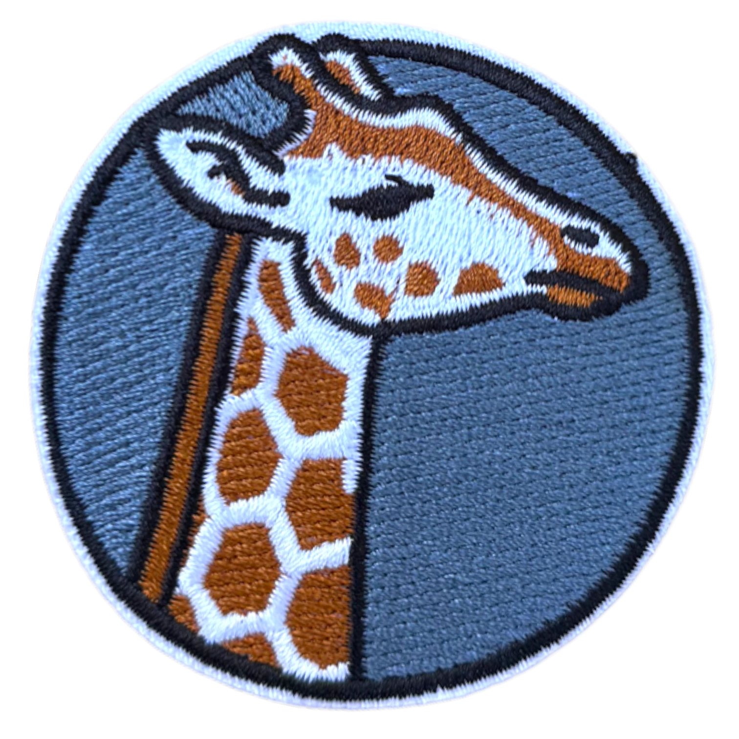 Embroidered patch of a giraffe's head on a blue background