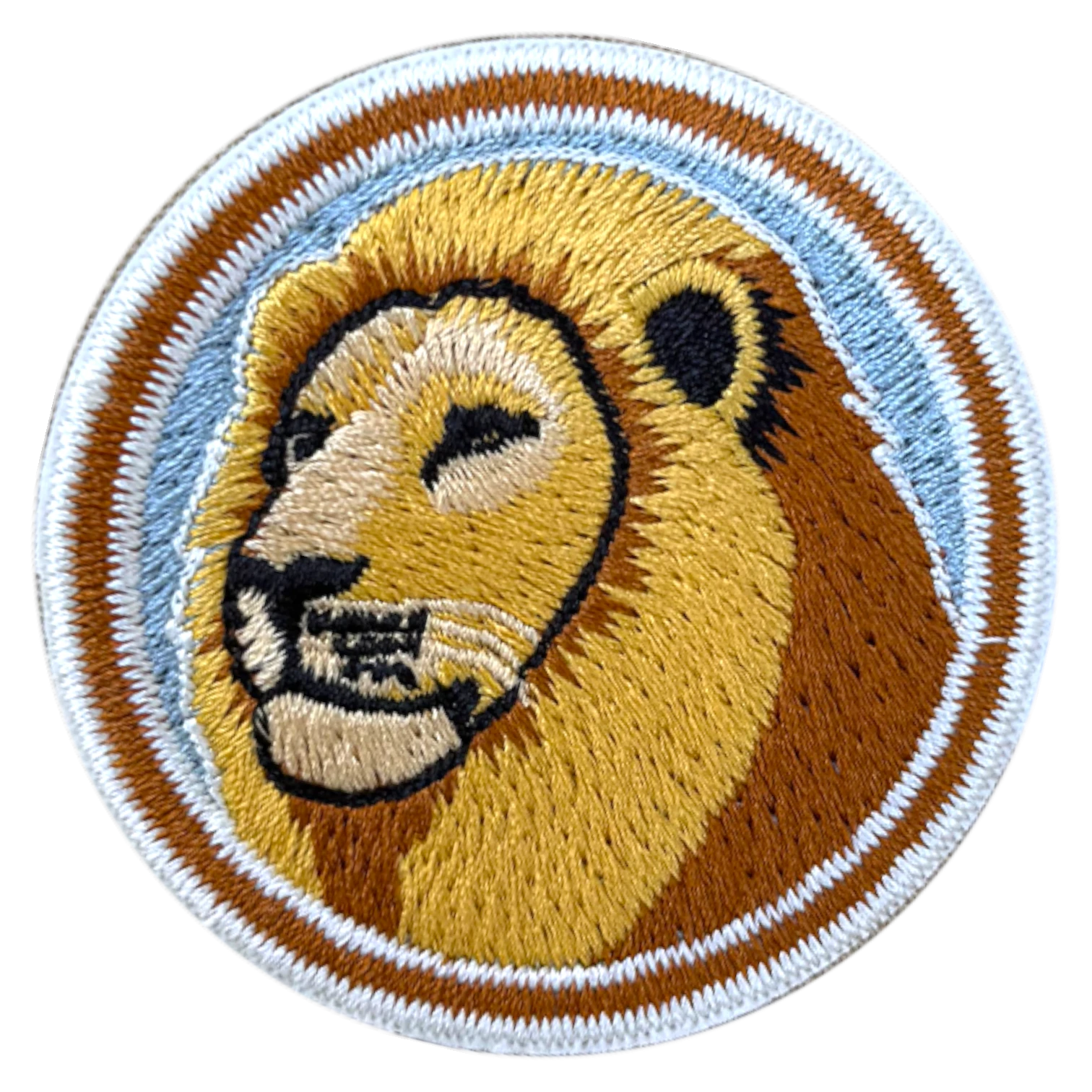 Embroidered patch of a lion's head with a circular border on a white background