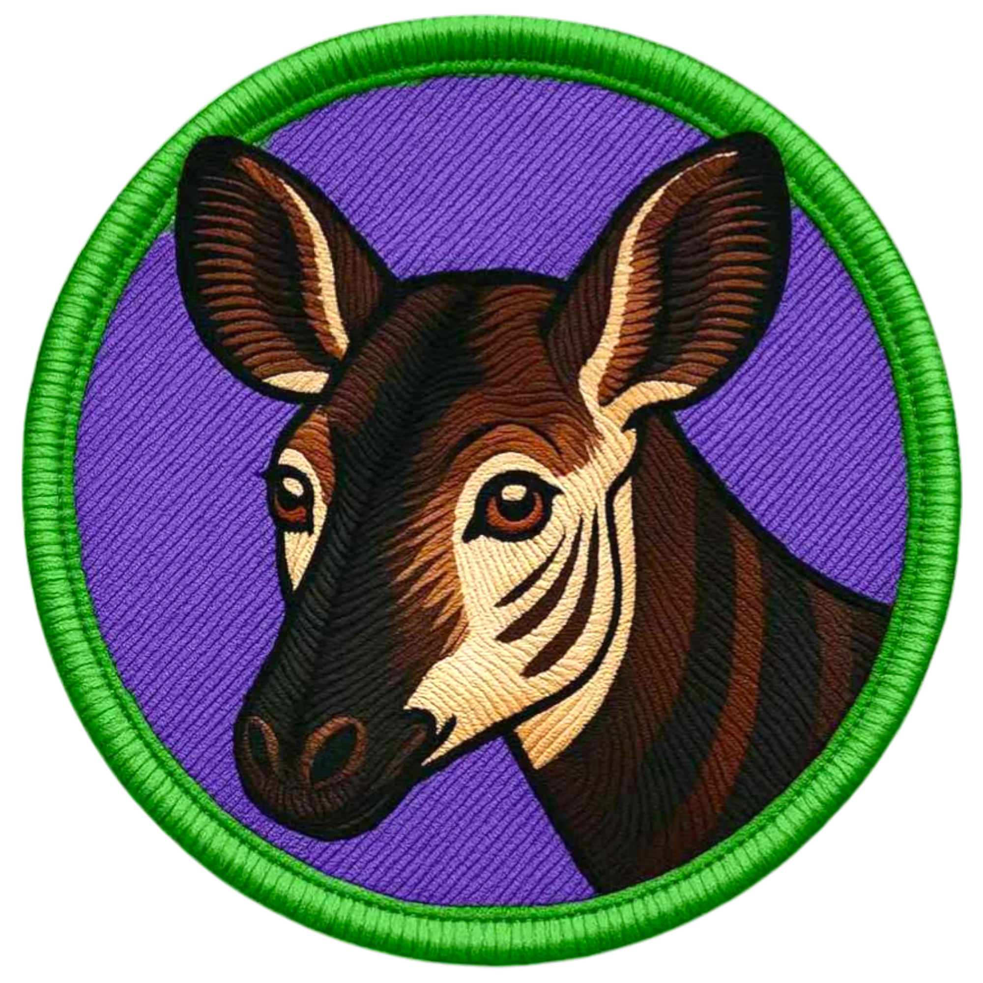 Embroidered patch of a zebra's head on a purple background with a green border