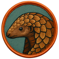 Embroidered patch of a pangolin with an orange border on a green background