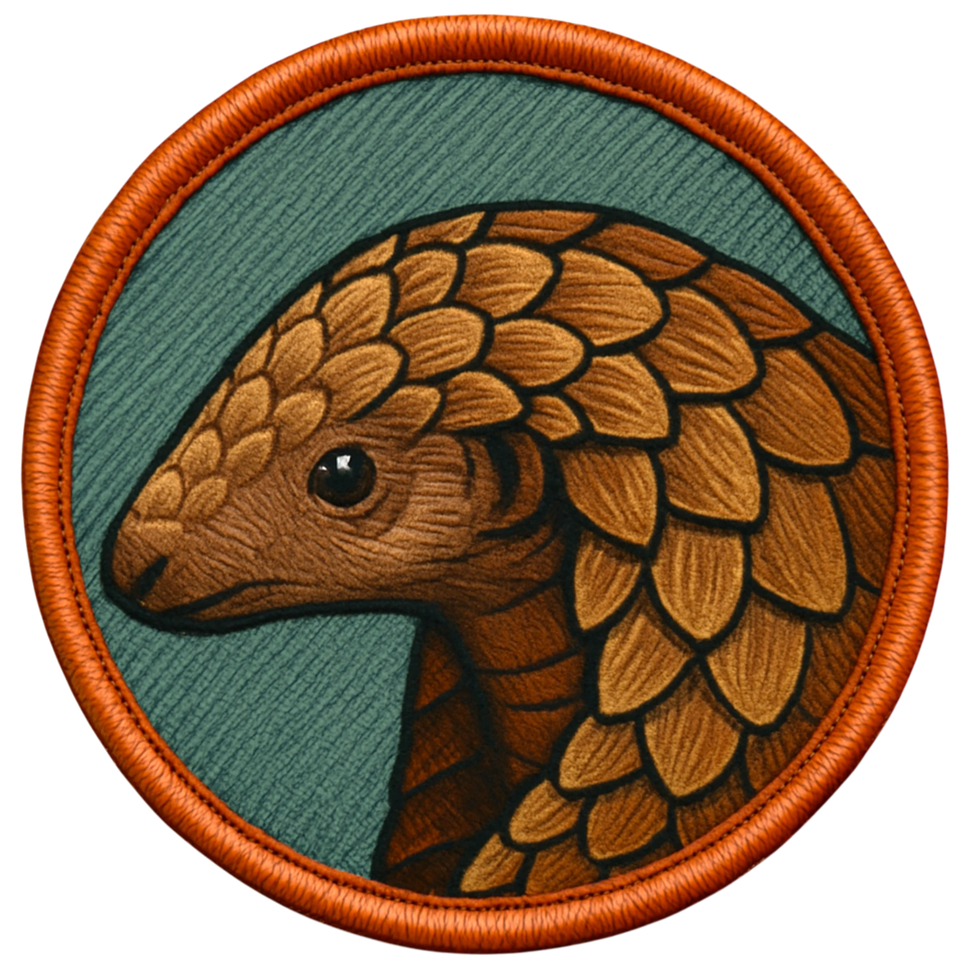 Embroidered patch of a pangolin with an orange border on a green background