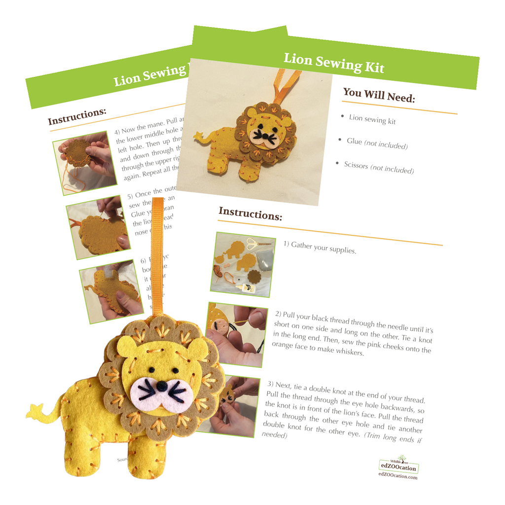 The image shows the contents of a Lion Sewing Kit, with instructions and a step-by-step guide on how to assemble a lion plushie ornament.