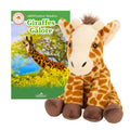 Plush giraffe toy in front of a book titled 'Giraffes Galore' on a white background