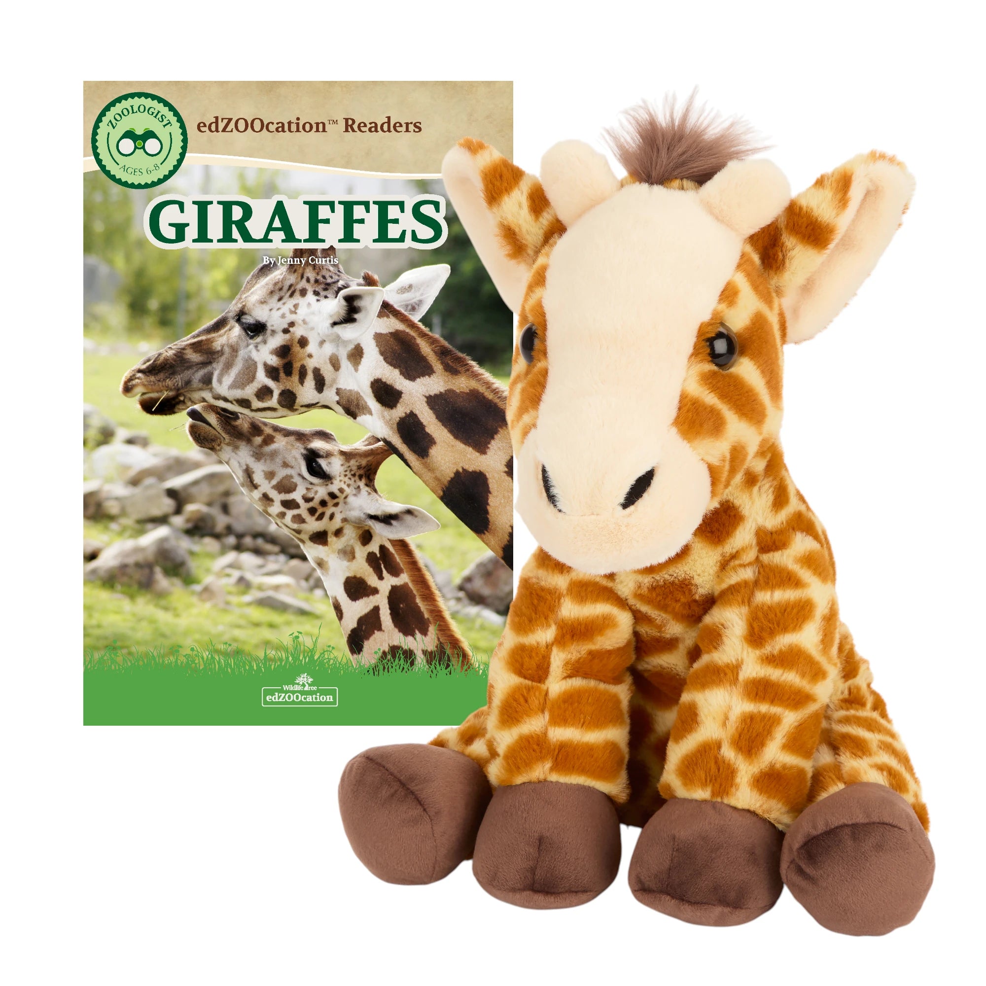 Plush giraffe toy next to a book titled 'Giraffes' on a white background