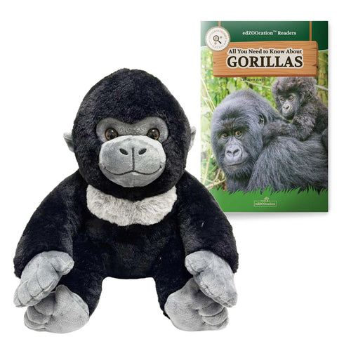 Plush gorilla toy with a book titled 'All You Need to Know About Gorillas' on a white background