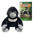 Plush gorilla toy with a book titled 'Gorillas and You' on a white background