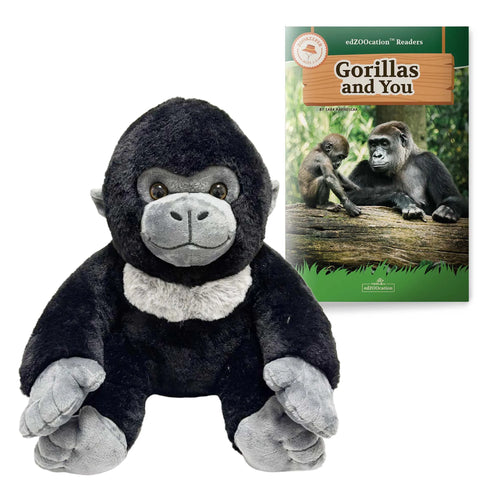 Plush gorilla toy with a book titled 'Gorillas and You' on a white background