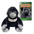 Plush gorilla toy next to a book titled 'Gorillas' on a white background