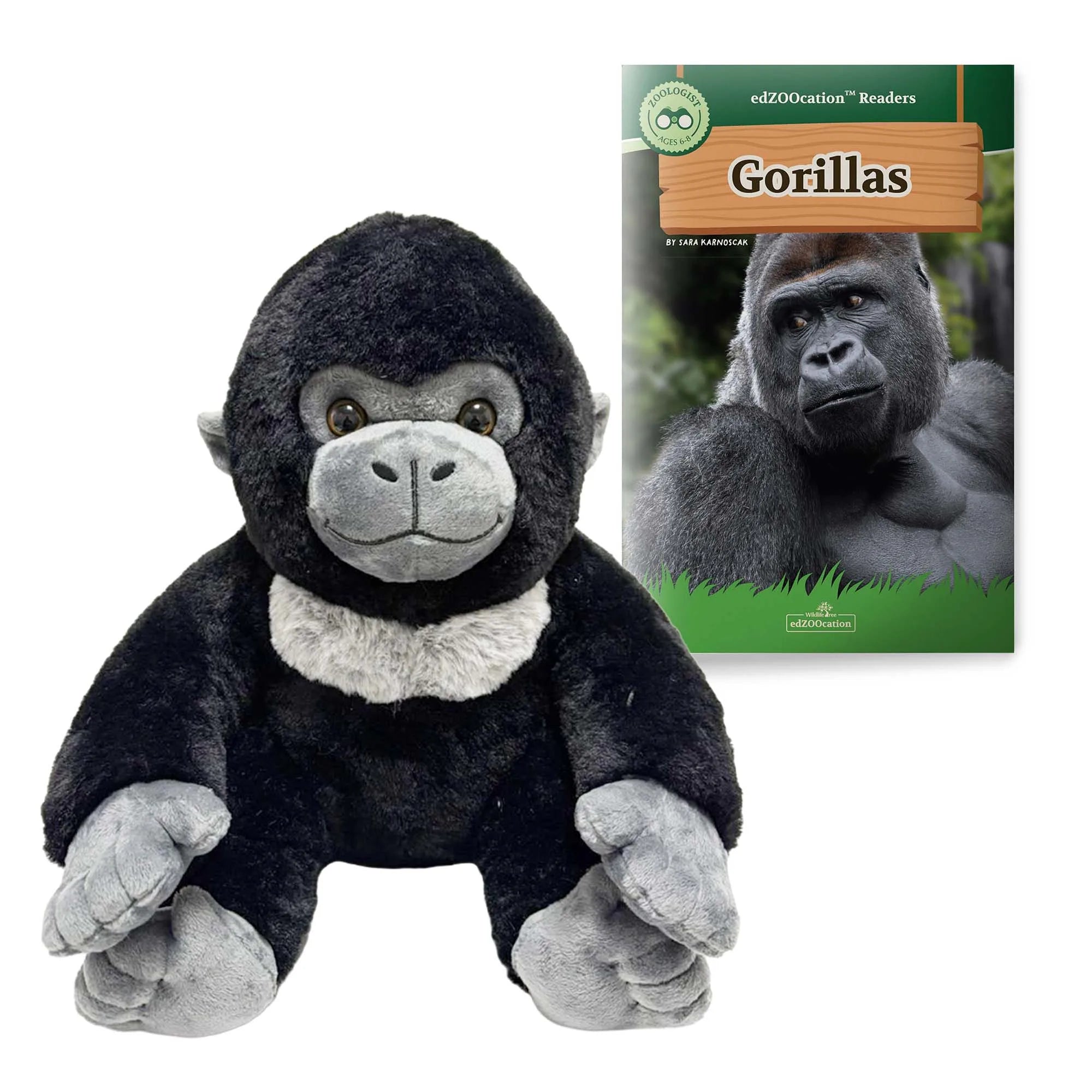 Plush gorilla toy next to a book titled 'Gorillas' on a white background