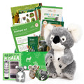 A Koala Explorer educational gift set featuring a plush koala toy, a green koala anatomy kit, a koala air dry eye kit, a koala sticker pack, and a koala keeper magazine, all arranged on a white background.