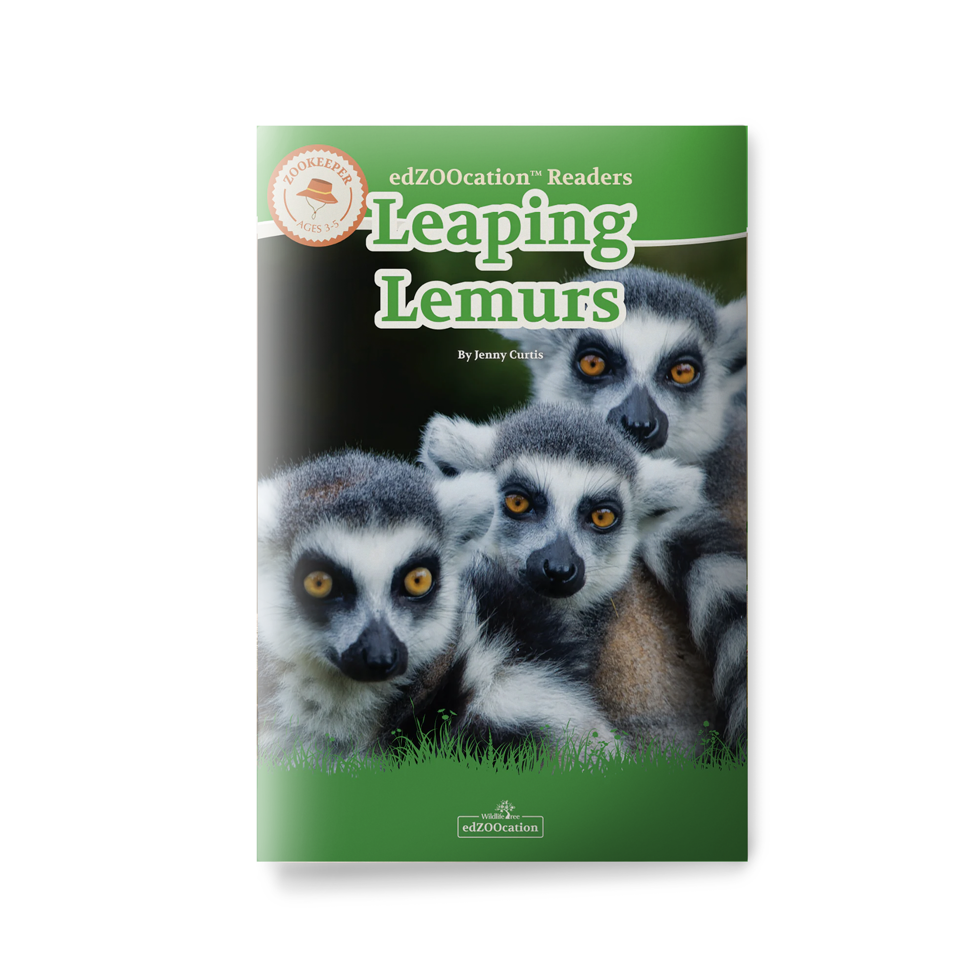 Book cover of 'Leaping Lemurs' with images of lemurs on a green background