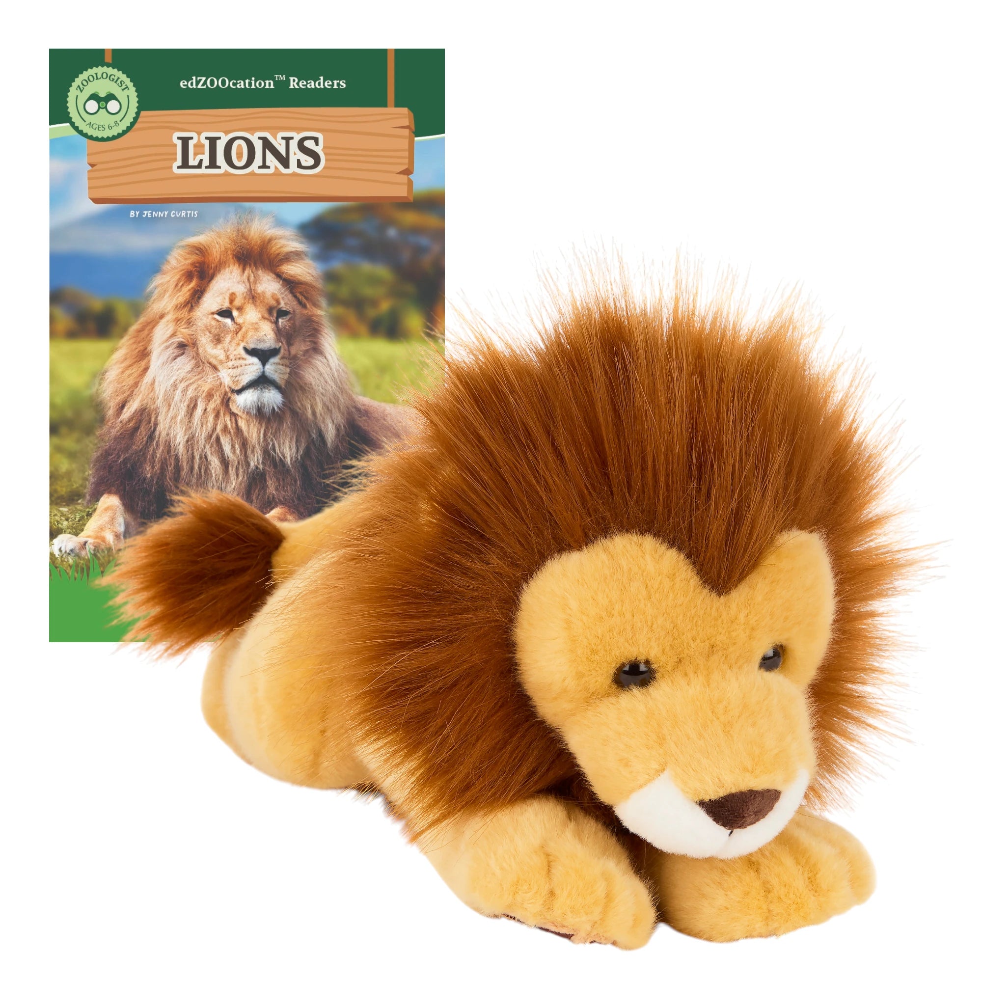 Plush lion toy with a book titled 'Lions' on a white background