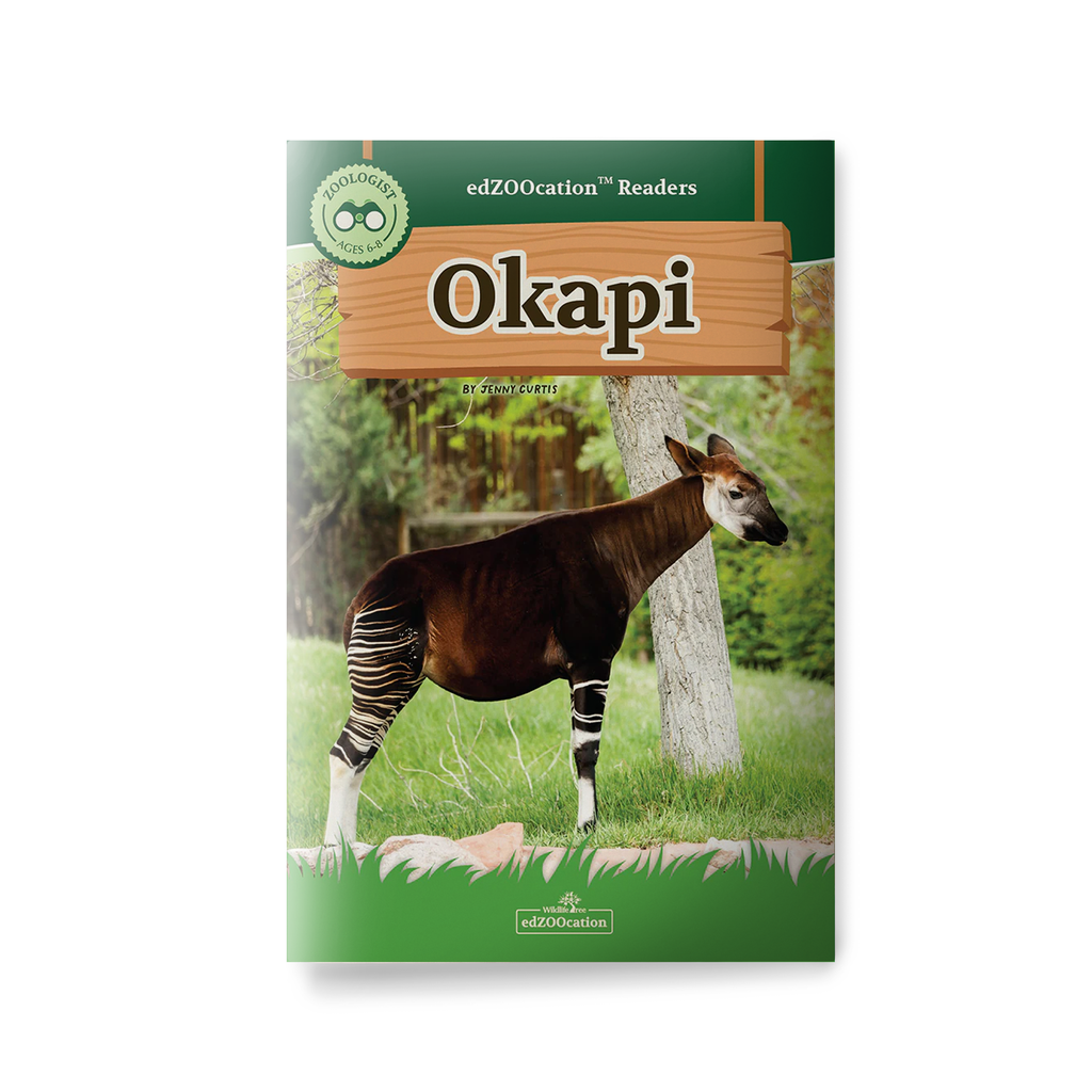 Book cover of 'Okapi' with an illustration of an okapi on a green background