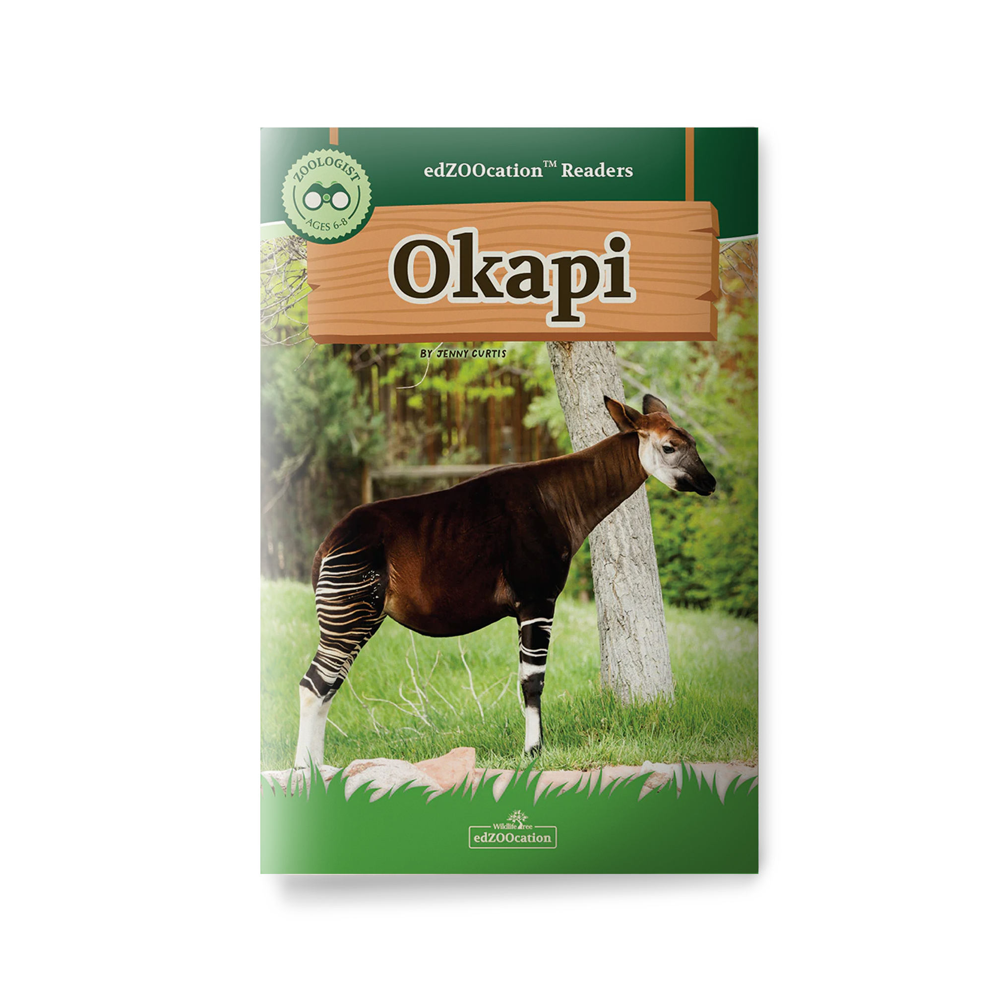 Book cover of 'Okapi' with an illustration of an okapi on a green background