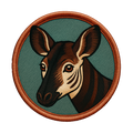 Embroidered patch of a okapi's head with a brown border on a green background