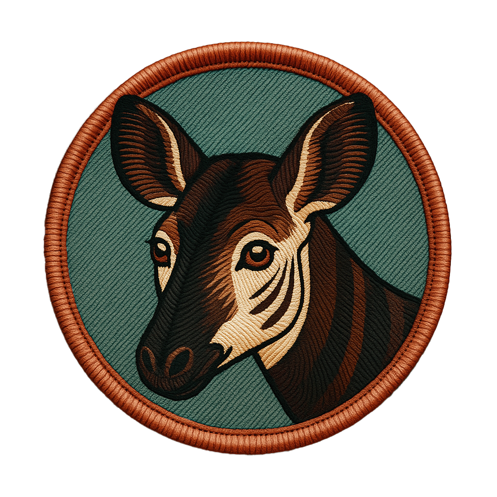 Embroidered patch of a okapi's head with a brown border on a green background