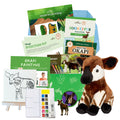 Educational materials and plush toy related to okapi on a white background
