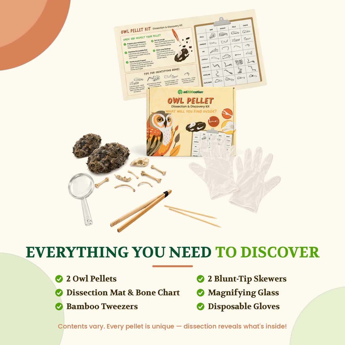 What's included in the Owl Pellet Kit: 2 owl pellets, dissection mat and bone chart, bamboo tweezers, 2 blunt-tip skewers, magnifying glass and disposable gloves
