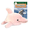 Plush dolphin toy with a book titled 'All You Need to Know About Dolphins' on a white background
