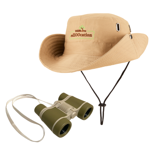 Beige safari hat with a strap and green binoculars on a white background