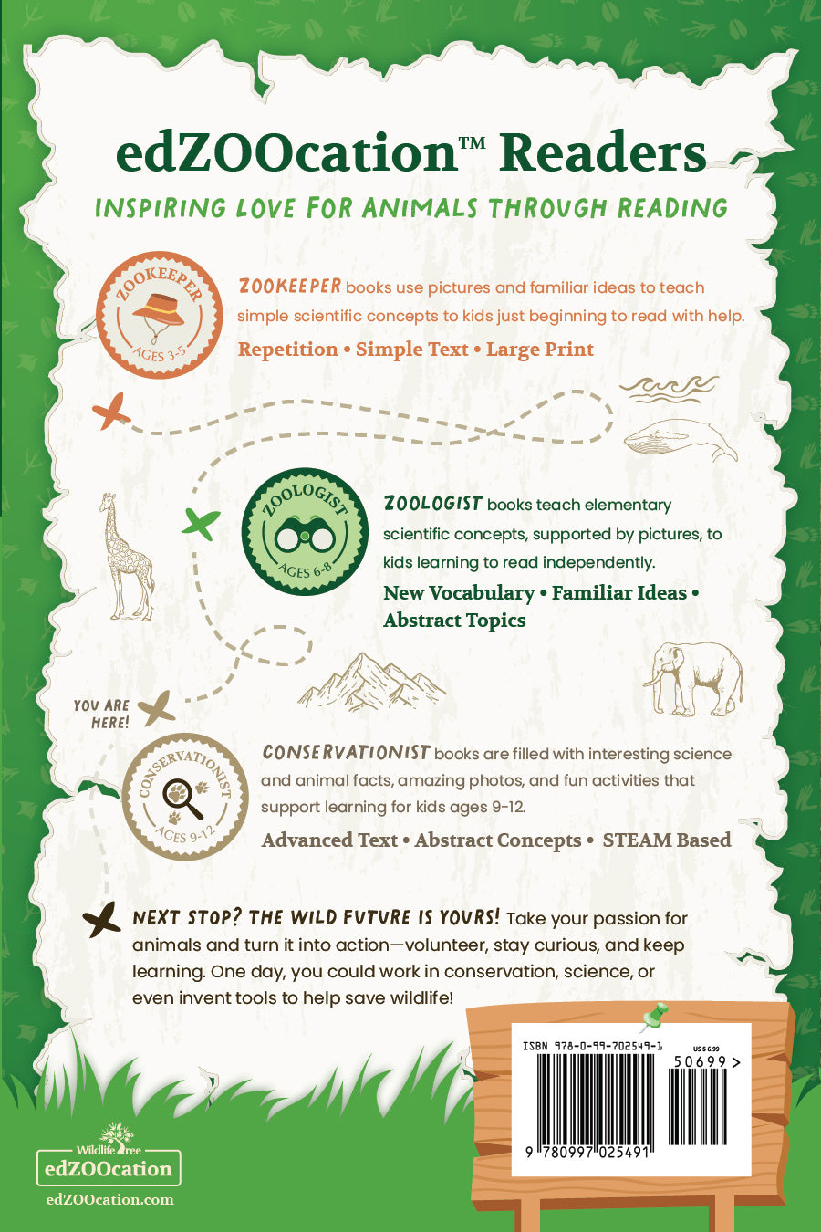 Back cover of edZOOcation Readers with educational text and graphics on a green background