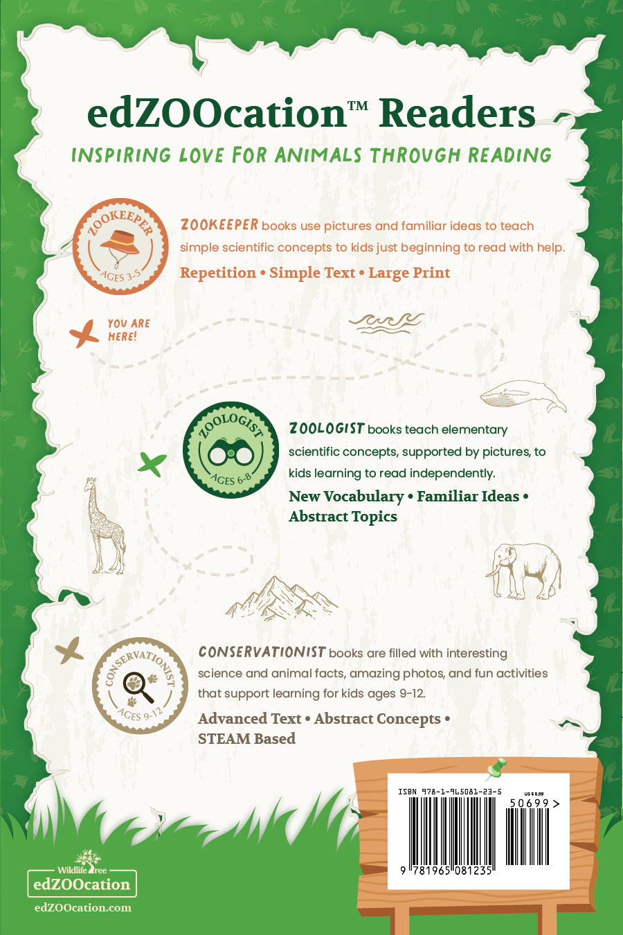 Back cover of an edZOOcation book with green background and text about animal education through reading.