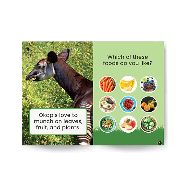 Book page with okapi and food icons asking 'Which of these foods do you like?'