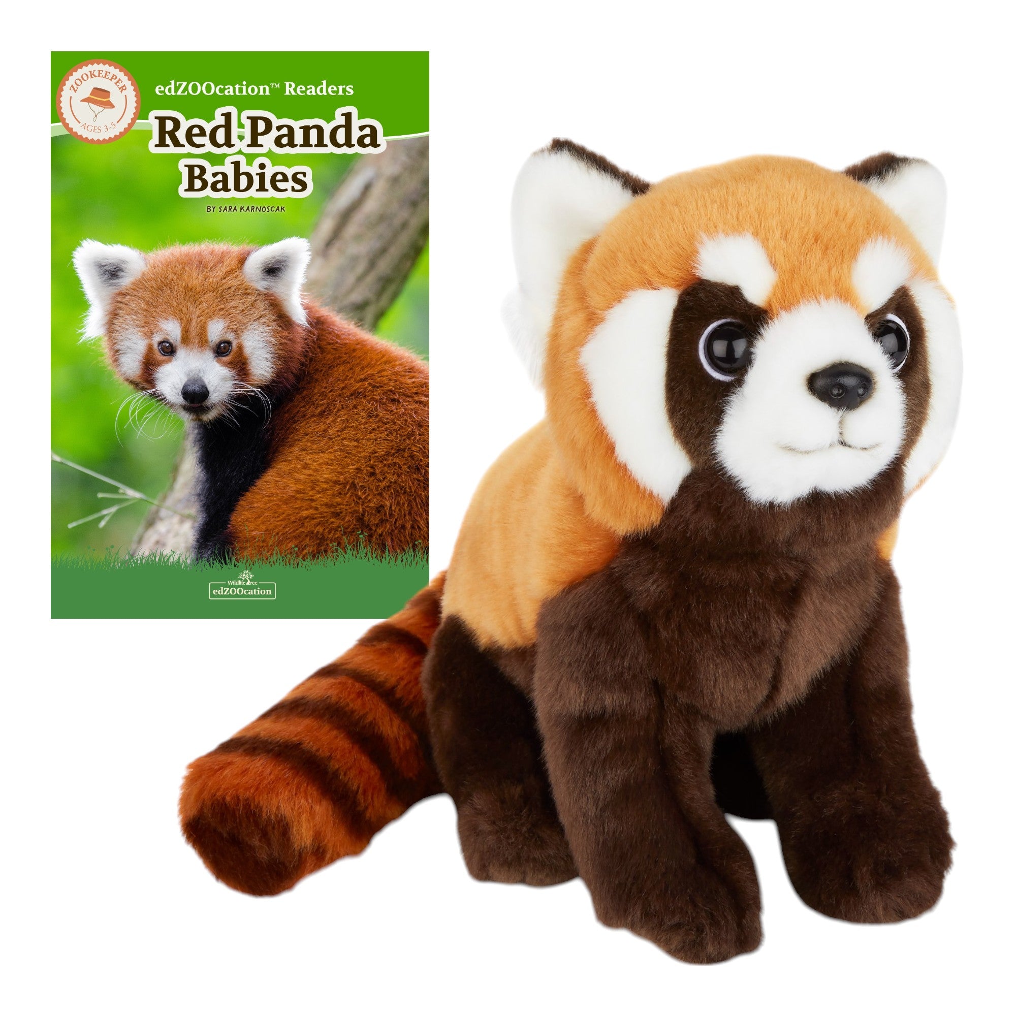 Plush red panda toy next to a book titled 'Red Panda Babies' on a white background