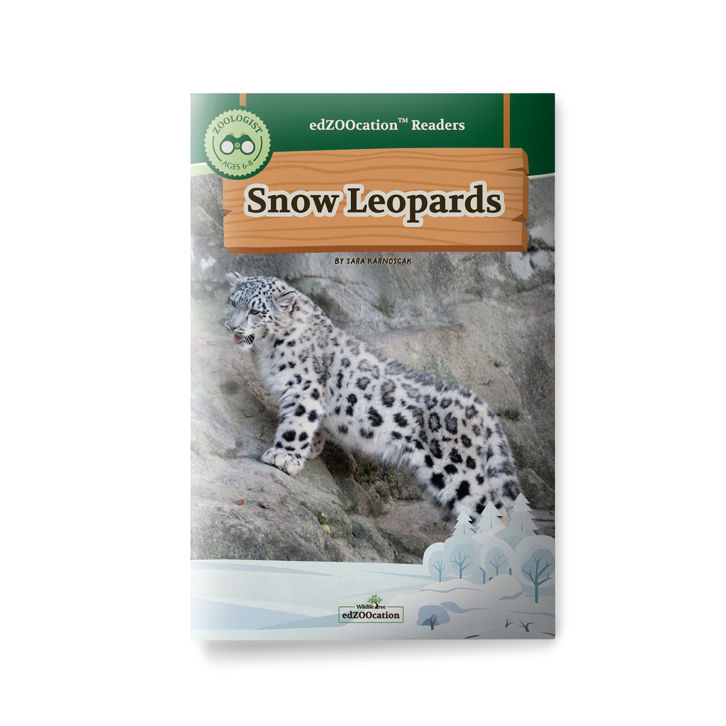 Book cover of 'Snow Leopards' with a snow leopard on a rocky background