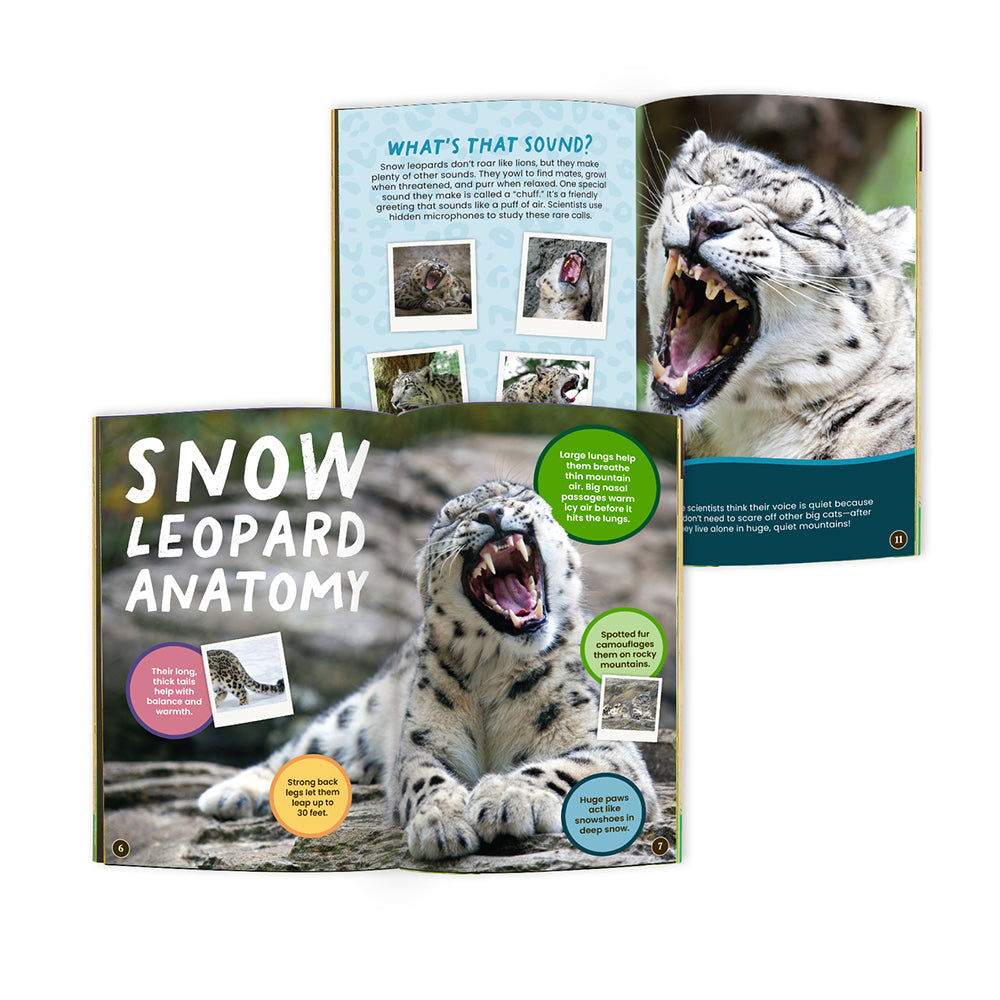 Book open to a page about snow leopard anatomy with images and text.