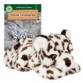Plush snow leopard toy in front of a book titled 'Snow Leopards' by edZOOcation Readers.