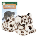 Plush toy snow leopard next to a book titled 'All You Need to Know About Snow Leopards' on a white background