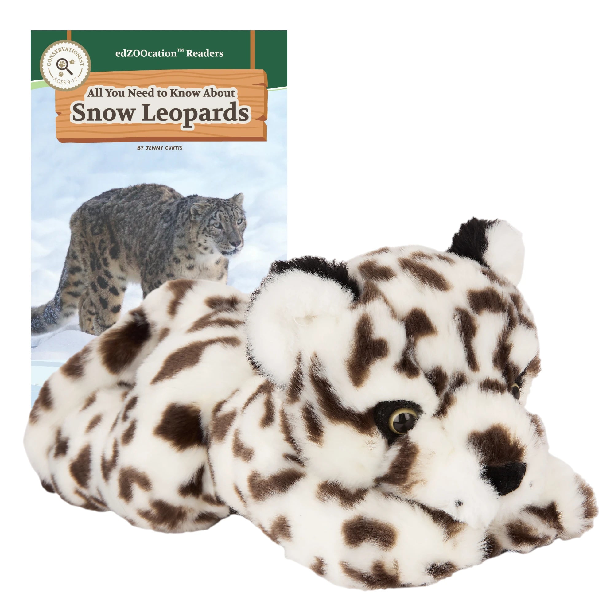 Plush toy snow leopard next to a book titled 'All You Need to Know About Snow Leopards' on a white background