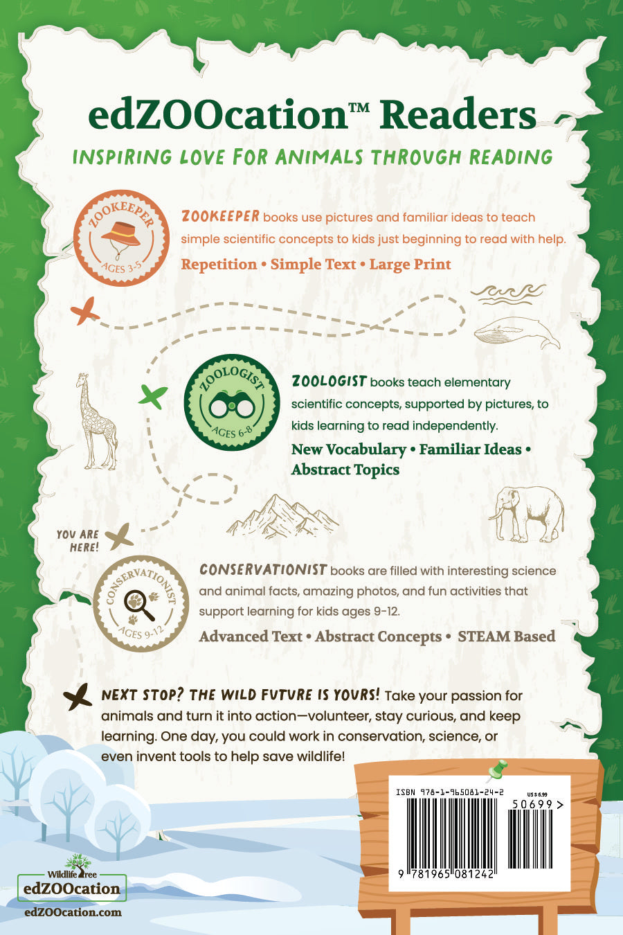 Back cover of edZOOcation Readers with text and graphics about animal education through reading.