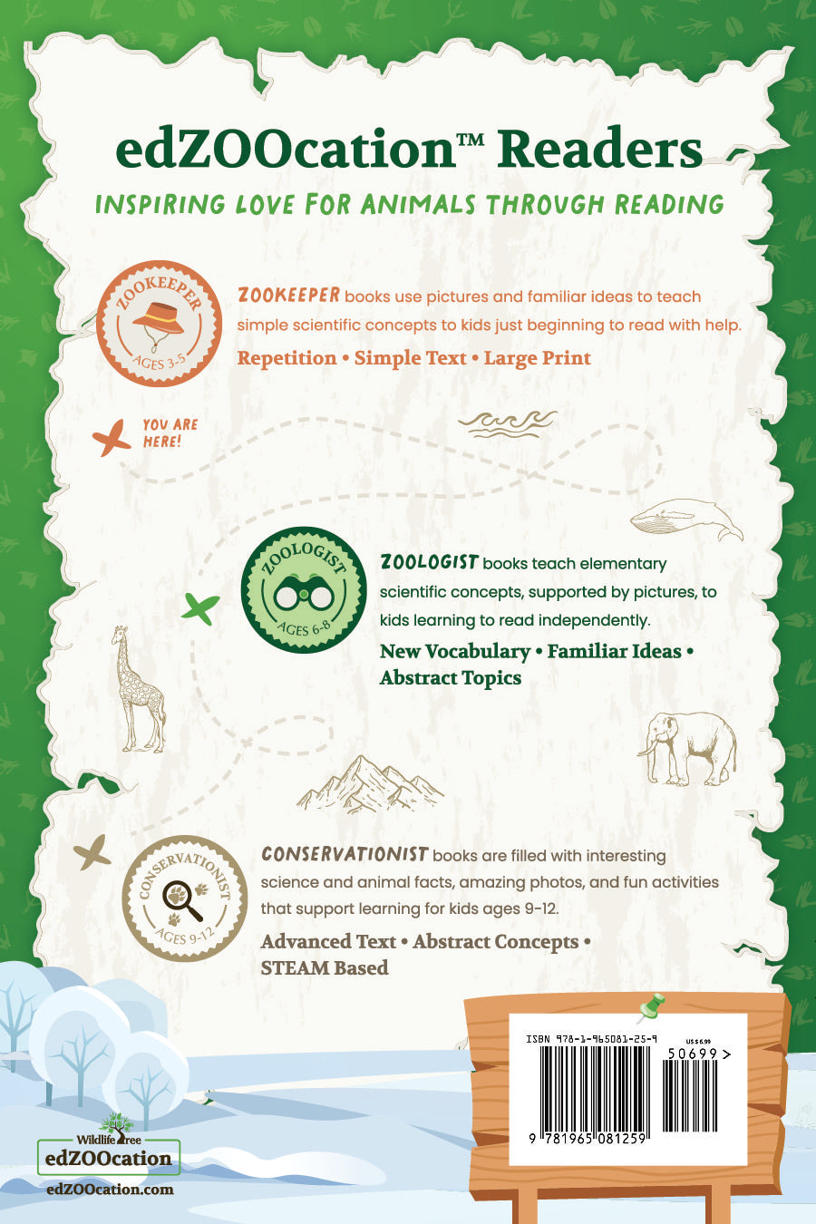 Back cover of edZOOcation Readers with text and graphics about animal-themed books.